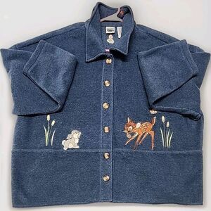 Vintage Disney Bambi 2XL Button Up Embroidery cardigan Fleece Soft Sweater rare